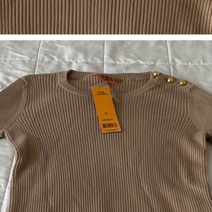 Tory Burch Beige Ribbed Top with Gold Accents